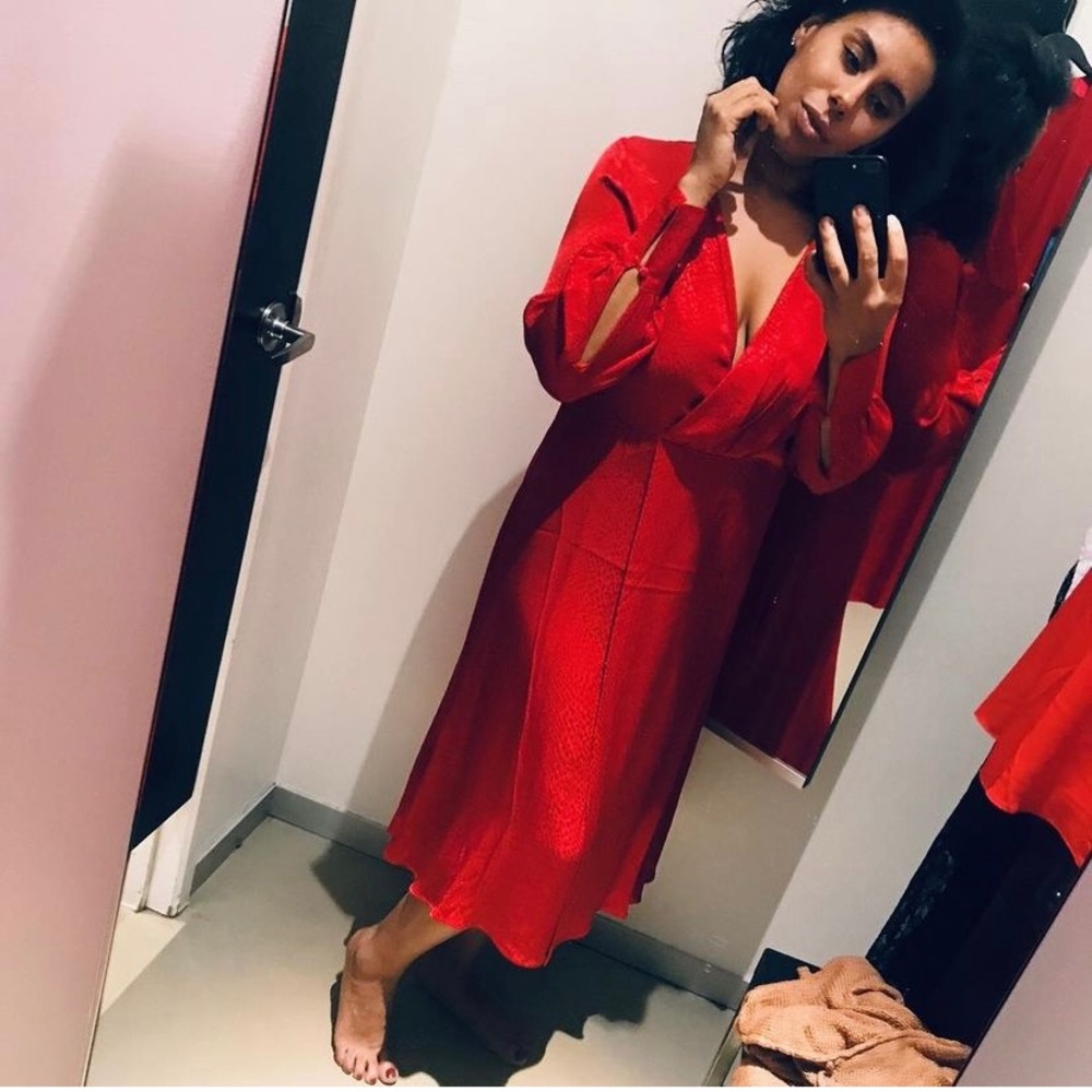 Red Faux Long Sleeve Wrap Dress